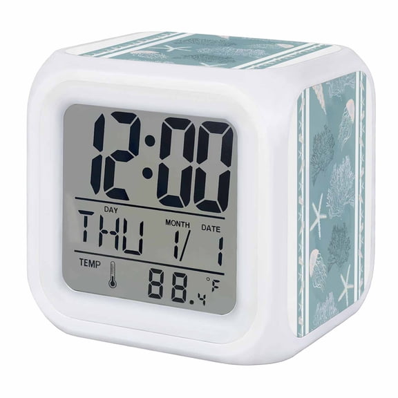 Blue Coastal Digital Alarm Clock for Bedrooms,Smart LED Alarm Clock with 7 Color Changing Night Light,Nautical Beach Summer Sea Starfish Coral Silent Wake Up Clocks for Sleep Study Cooking 3.2"x3.2"