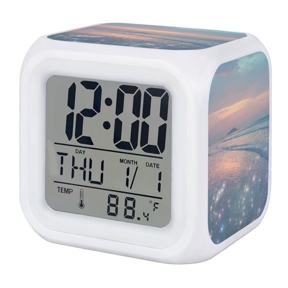 Blue Coastal Digital Alarm Clock for Bedrooms, Smart LED Alarm Clock with 7 Color Changing Night Light, Summer Ocean Beach Mountains Waves Silent Wake Up Clocks for Sleep Study Cooking 3.2"x3.2"