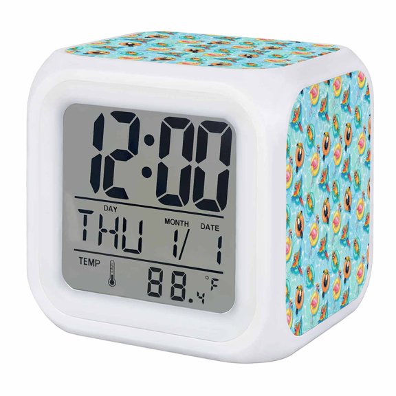 Blue Coastal Digital Alarm Clock for Bedrooms,Smart LED Alarm Clock with 7 Color Changing Night Light,Summer Ocean Waves Tropical Animals Poolside Silent Wake Up Clocks for Sleep Study 3.2"x3.2"