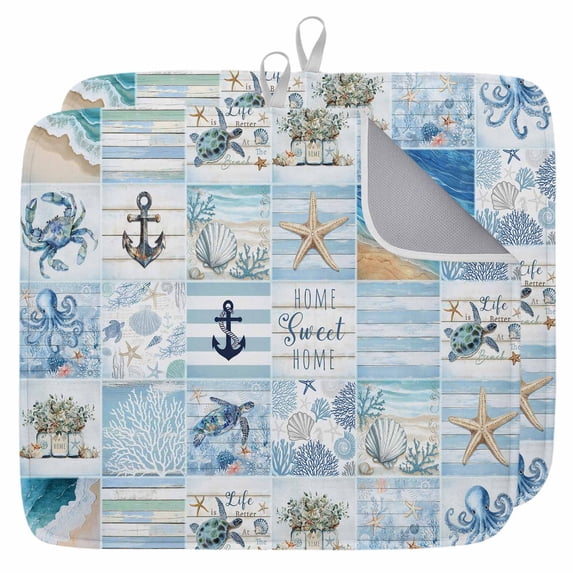 Blue Coastal Dish Drying Mat for Kitchen Counter,Turtle Nautical Anchor ...