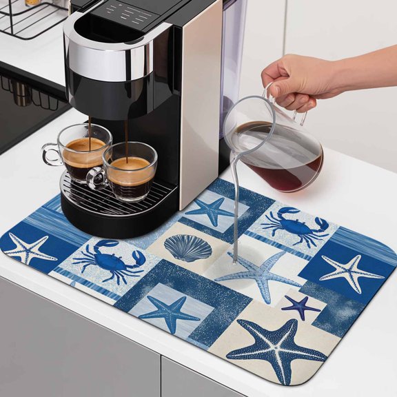 Blue Coastal Dish Drying Mats for Kitchen Counter, Summer Ocean Shell Crab Ocean Absorbent Coffee Bar Mat with Non-slip Rubber Backed Quick Drying Dish Rack Pad 12"x16"