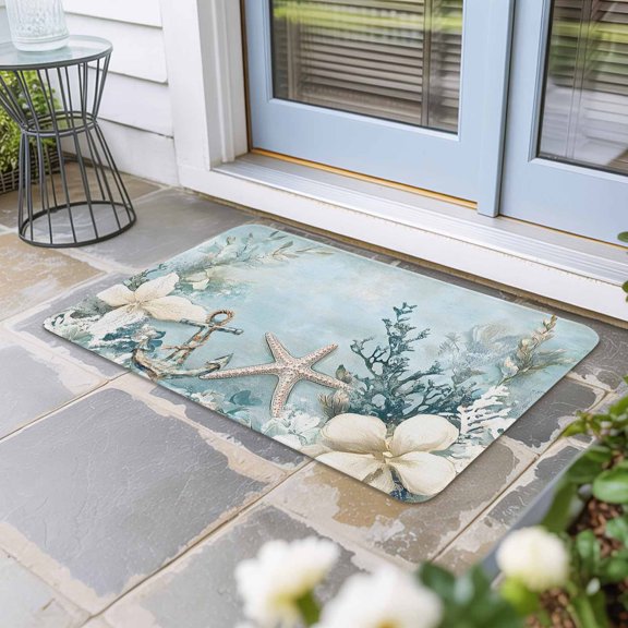 Blue Coastal Door Mat Indoor Outdoor, Beach Nautical Anchor Starfish Botanical Non Slip Welcome Mat with Rubber Backing, Absorbent Fabric Front Door Mats Entryway Rug for Home Patio Entrance 16"x24"
