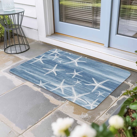 Blue Coastal Door Mat Indoor Outdoor, Summer Ocean Waves Ombre Sea Starfish Non Slip Welcome Mat with Rubber Backing, Absorbent Fabric Front Door Mats Entryway Rug for Home Patio Entrance 18"x30"