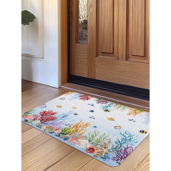 Blue Coastal Door Mat Indoor Outdoor Entrance, Non Slip Rug for Kitchen Bathroom Entryway Rug, Summer Beach Nautical Coral Fish Washable Doormat Floor Mat for Office Home Decor 24x36 Inch