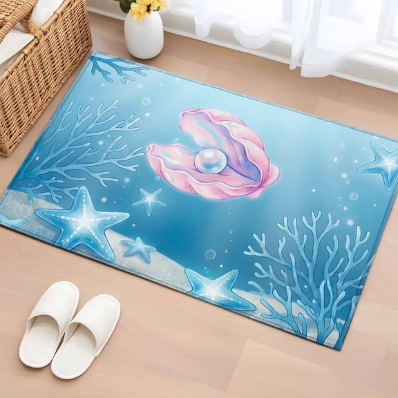 Blue Coastal Entryway Rug 2'x3' Non Slip Front Door Mats, Nautical Shell Ocean Starfish Coral Sea Entrance Rugs Indoor Outdoor Carpet, Washable Floor Mats Small Area Rug for Bedroom Kitchen