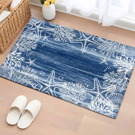 Blue Coastal Entryway Rug 2'x3' Non Slip Front Door Mats, Summer Ocean Sea Waves Starfish Corals Entrance Rugs Indoor Outdoor Carpet, Washable Floor Mats Small Area Rug for Bedroom Kitchen