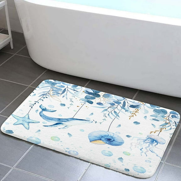 Blue Coastal Eucalyptus Bath Mat, Spring Sage Eucalyptus Leaf Starfish Jellyfish Ocean Turtle Bathroom Rugs, Beach Themed Door Carpet for Home Bathroom Indoor Outdoor Decoration, 19X31in