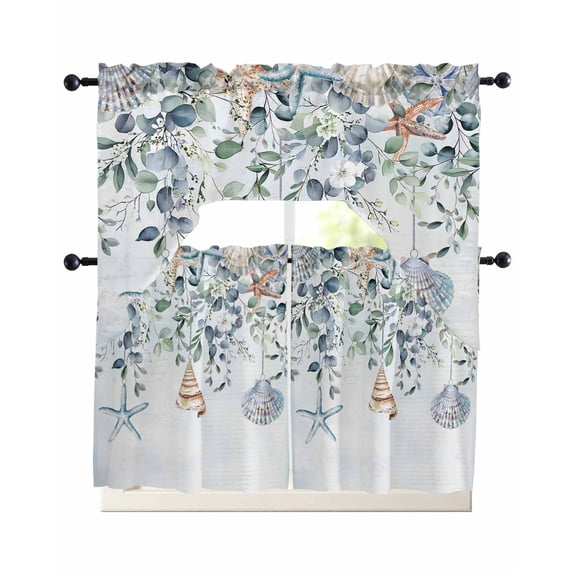 Blue Coastal Eucalyptus Kitchen Curtains Sets 36 Inch Length with Valance, Summer Beach Starfish Swag Valances and Tiers Curtain Set Drapes Swag Curtains for Living Room, Bathroom, Bedroom, Cafe