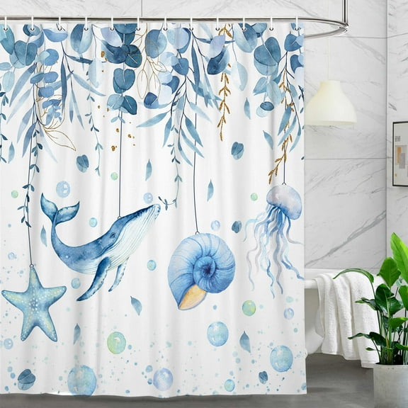 Blue Coastal Eucalyptus Shower Curtain, Spring Sage Eucalyptus Leaf Starfish Jellyfish Ocean Turtle Bathroom Curtain, Beach Fabric Waterproof Bath Shower Curtains Set with Hooks, 60X70in