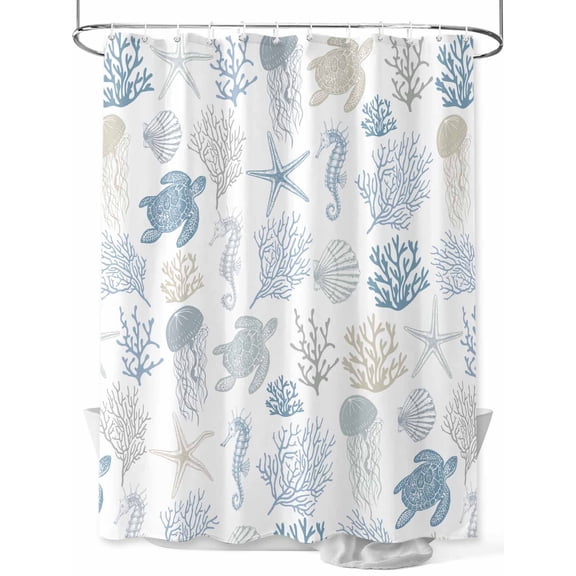 Blue Coastal Extra Long Shower Curtain Set, Waterproof Shower Curtains for Bathroom, Nautical Summer Beach Coral Sea Turtle Washable Fabric Cloth Bath Curtain for Bathtub with Hooks 72x96 Inches