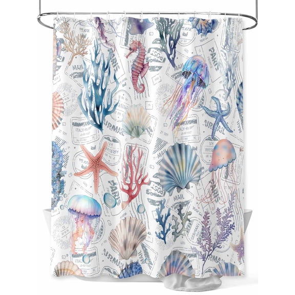 Blue Coastal Extra Long Shower Curtain Set, Waterproof Shower Curtains for Bathroom, Summer Coral Shell Sea Beach Nautical Washable Fabric Cloth Bath Curtain for Bathtub with Hooks 72x96 Inches