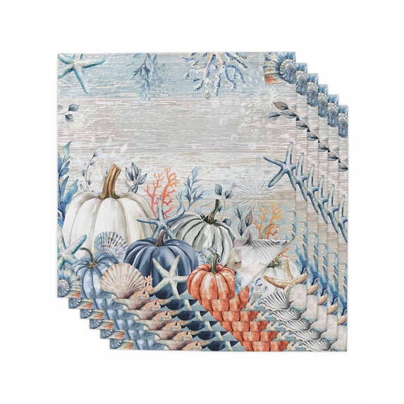 Blue Coastal Fall Cloth Napkins Set of 6 Reusable Dinner Napkins, Thanksgiving Pumpkins Starfish Botanical Cocktail Napkin Washable Table Napkins for Wedding/Holiday Party/Baby Shower 20"x20"
