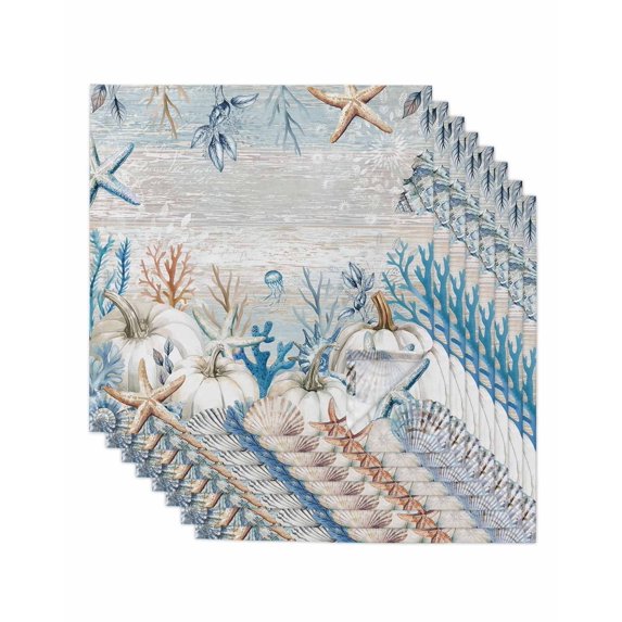 Blue Coastal Fall Cloth Napkins Set of 8 Reusable Dinner Napkins, Thanksgiving Pumpkins Starfish Coral Cocktail Napkin Washable Table Napkins for Wedding/Holiday Party/Baby Shower 20"x20"