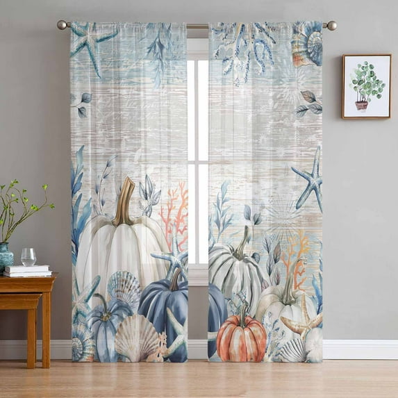 Blue Coastal Fall Semi Sheer Curtains 63 Inch Length 2 Panels Set,Thanksgiving Pumpkins Starfish Botanical Sheer Kitchen Curtain Voile Window Curtain for Living Room Bedroom Rod Pocket Drapes