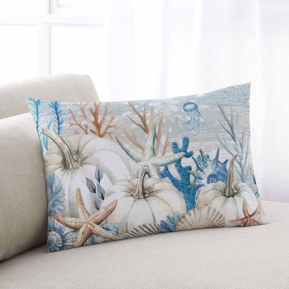 Blue Coastal Fall Throw Pillow Covers, Thanksgiving Pumpkins Starfish Coral Soft Breathable Pillow Cases with Invisible Zipper for Sleeping, Toddler Pillowcases for Couch Bed Sofa Chair 12x20 Inches