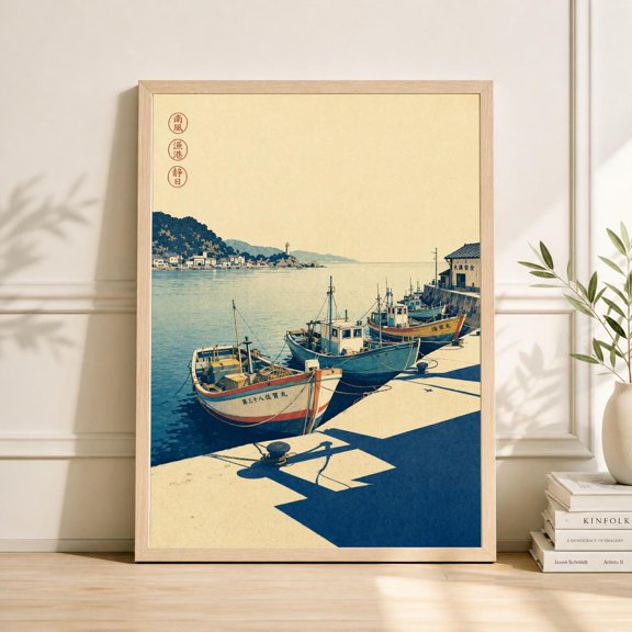 Blue Coastal Fishing Boats Poster, Minimal Seaside Harbour Illustration, Japanese Style Wall Art , Poster Print Only