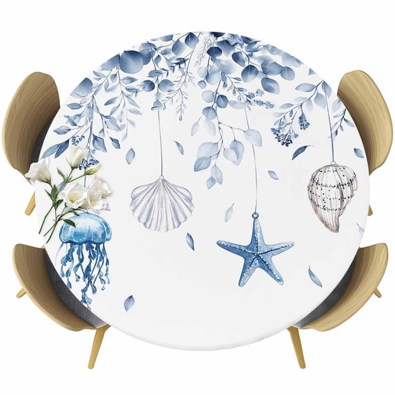 Blue Coastal Fitted Tablecloth with Elastic Edged,Round Table Cloth for Dining Table,Summer Eucalyptus Leaves Beach Ocean Starfish Nautical Waterproof Table Cover for Indoor Outdoor 55"-60"