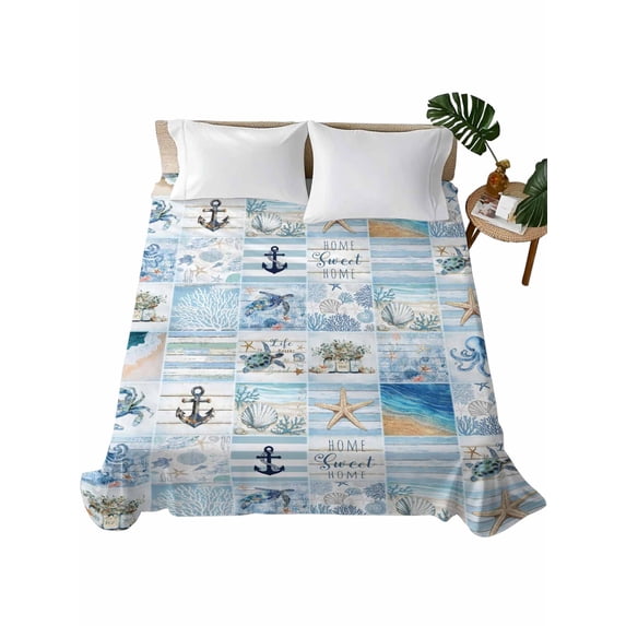 Blue Coastal Flat Sheets Only Cal King Size, Soft Breathable Bed Top Sheets for Mattress, Turtle Nautical Anchor Octopus Starfish Coral Bedding Flat Sheets for Home Hotel Bedroom Bed Protection