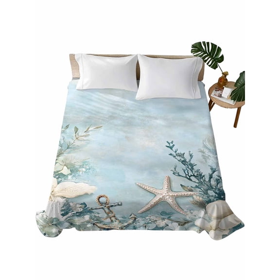 Blue Coastal Flat Sheets Only Full Size, Soft Breathable Bed Top Sheets for Mattress, Beach Nautical Anchor Starfish Botanical Luxury Bedding Flat Sheets for Home Hotel Bedroom Bed Protection