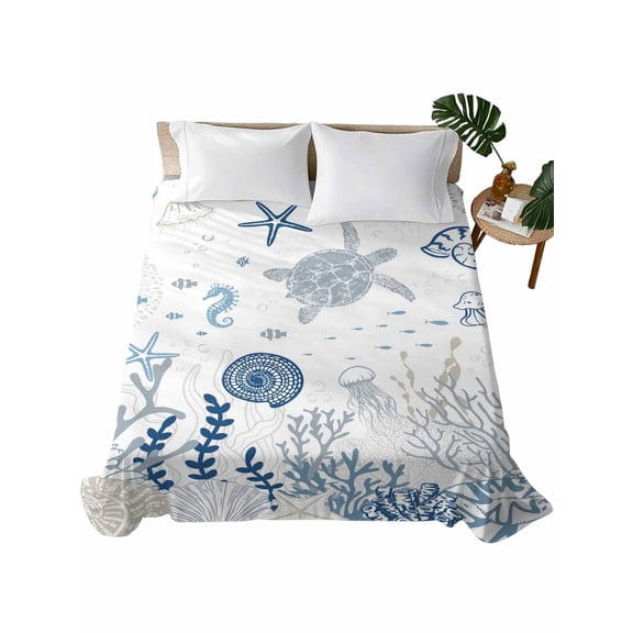 Blue Coastal Flat Sheets Only King Size, Soft Breathable Bed Top Sheets for Mattress, Summer Beach Turtle Coral Starfish Jellyfish Luxury Bedding Flat Sheets for Home Hotel Bedroom Bed Protection