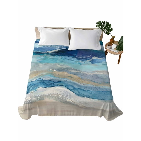Blue Coastal Flat Sheets Only Queen Size, Soft Breathable Bed Top Sheets for Mattress, Summer Beach Nautical Abstract Art Luxury Bedding Flat Sheets for Home Hotel Bedroom Bed Protection