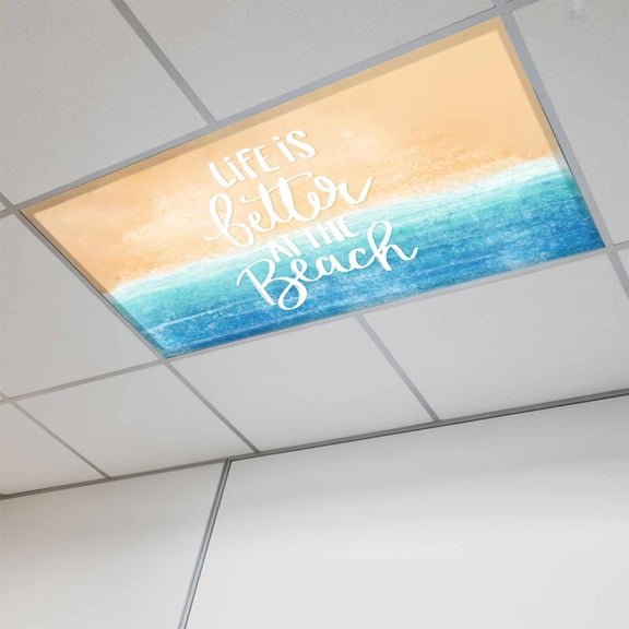 Blue Coastal Fluorescent Light Covers, Life Is Better At The Beach Beach Magnetic Light Covers for Ceiling Lights, Fluorescent Ceiling Shade Filters for Classroom Bedroom Office 4x2Ft x 1PCS