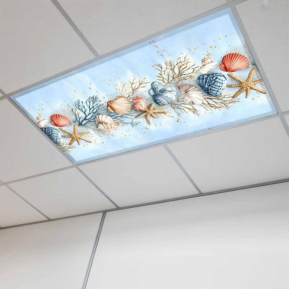 Blue Coastal Fluorescent Light Covers, Summer Nautical Beach Conch Starfish Coral Magnetic Light Covers for Ceiling Lights, Fluorescent Ceiling Shade Filters for Classroom Bedroom Office 4x2Ft x 1PCS