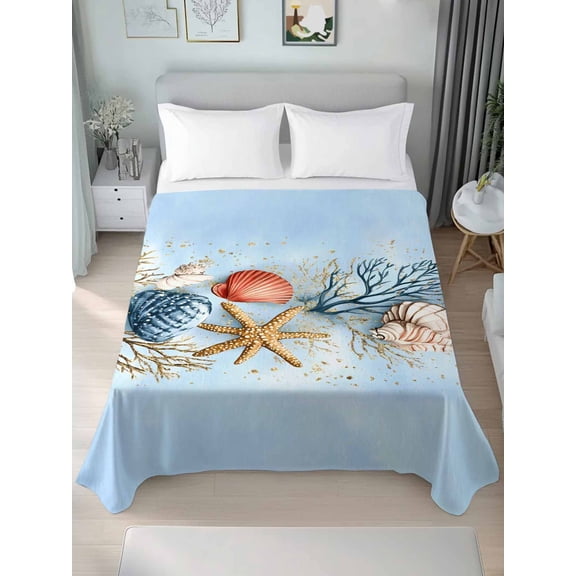 Blue Coastal Full Size Flat Sheet, Wrinkleproof & Fadeproof Cooling Flat Bed Sheet Only, Summer Nautical Beach Conch Starfish Coral Breathable Soft Bedding Top Sheets 81 x 96 Inches