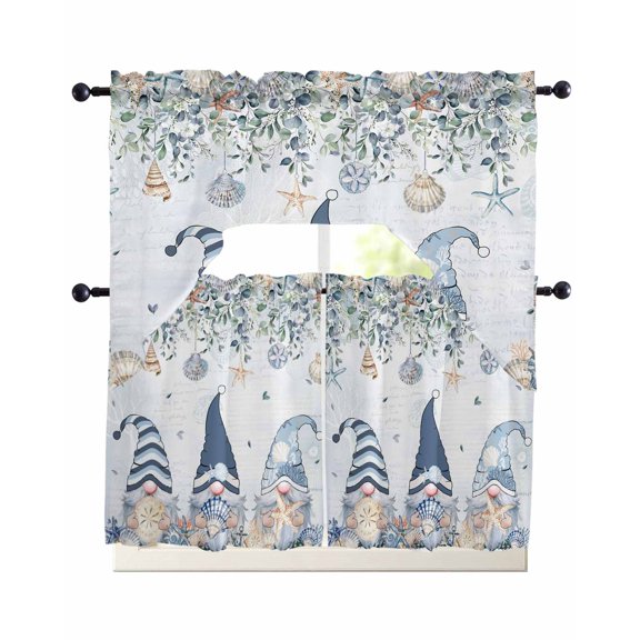 Blue Coastal Gnomes Kitchen Curtains Sets 24 Inch Length with Valance, Ocean Eucalyptus Coral Starfish Swag Valances and Tiers Curtain Set Drapes Swag Curtains for Living Room, Bathroom, Bedroom