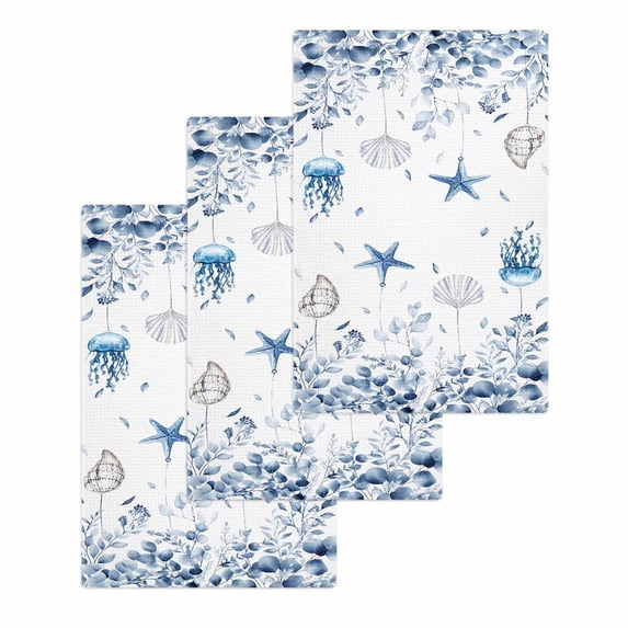 Blue Coastal Hand Towels Set,Waffle Weave Kitchen Towels 3Pcs,Summer Eucalyptus Leaves Beach Ocean Starfish Nautical Microfiber Hair Face Bath Tea Towel Absorbent Cleaning Dish Cloths 15.7"x23.6"