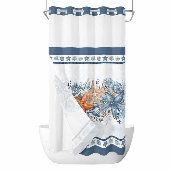 Blue Coastal No Hook Shower Curtain with Snap in Liner Orange Starfish Coral Summer Beach Nautical Waterproof Bathroom Shower Curtain with See Through Top Window for Bathtub 36" x 72"