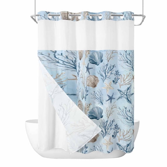 Blue Coastal No Hook Shower Curtain with Snap in Liner, Waterproof Fabric Shower Curtains, Country Nautical Starfish Coral Seashells Shower Curtain Set Top See Through for Bathroom 48"x72"