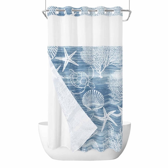 Blue Coastal No Hook Shower Curtain with Snap in Liner, Waterproof Fabric Shower Curtains, Nautical Coral Starfish Shell Turtle Summer Shower Curtain Set Top See Through for Bathroom 54"x78"
