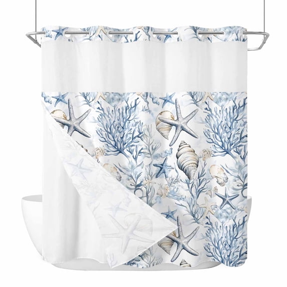 Blue Coastal No Hook Shower Curtain Waterproof,Bathroom Curtains with Snap in Liners and See Through Top Window,Ocean Coral Starfish Conch Sea Watercolor Hotel Style Bathtub Curtains Shower 72"Wx78"L