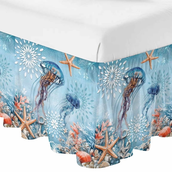 Blue Coastal Jellyfish Bed Skirt Queen Size 16 Inch Drop, Adjustable & Elastic Wrap Around Bed Skirts Pleated Dust Ruffles For Twin Full Queen Cal King Base Beds, Summer Beach Starfish Botanical