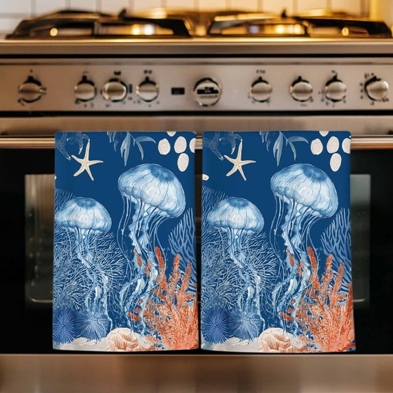 Blue Coastal Jellyfish Kitchen Towels Set of 1, Nautical Orange Coral Starfish Absorbent Dish Towels for Kitchen, Microfiber Hand Towel, Quick Drying Tea Towel for Cleaning Decorative Dishcloths
