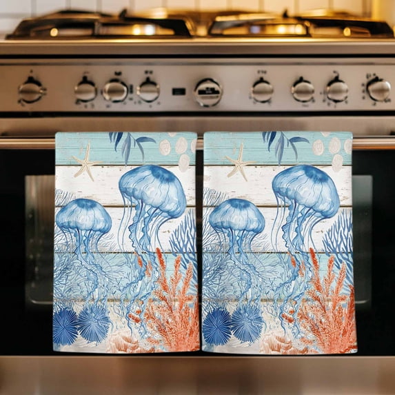 Blue Coastal Jellyfish Kitchen Towels Set of 3, Nautical Sea Beach Starfish Coral Absorbent Dish Towels for Kitchen, Microfiber Hand Towel, Quick Drying Tea Towel for Cleaning Decorative Dishcloths