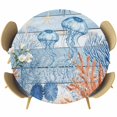 thumbnail image 1 of Blue Coastal Jellyfish Round Tablecloth 36-44 Inch Round Fitted Table Cloth with Elastic Edge, Nautical Marine Life Botanical Leaf Waterproof Table Cover Protector for Outdoor Picnic Party Dining, 1 of 9