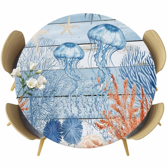Blue Coastal Jellyfish Round Tablecloth 36-44 Inch Round Fitted Table Cloth with Elastic Edge, Nautical Marine Life Botanical Leaf Waterproof Table Cover Protector for Outdoor Picnic Party Dining