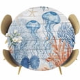 thumbnail image 1 of Blue Coastal Jellyfish Round Tablecloth 45-54 Inch Round Fitted Table Cloth with Elastic Edge, Nautical Starfish Coral Wooden Grain Waterproof Table Cover Protector for Outdoor Picnic Party Dining, 1 of 9