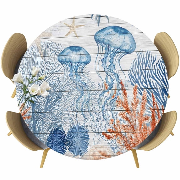 Blue Coastal Jellyfish Round Tablecloth 45-54 Inch Round Fitted Table Cloth with Elastic Edge, Nautical Starfish Coral Wooden Grain Waterproof Table Cover Protector for Outdoor Picnic Party Dining