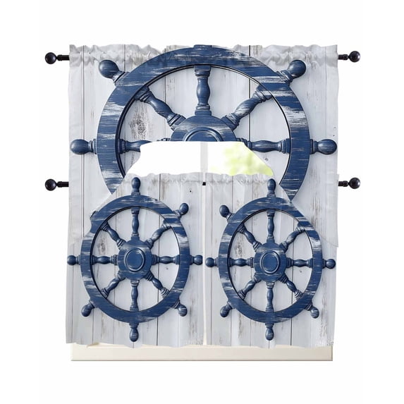 Blue Coastal Kitchen Curtain and Valance Set 3 Pieces, Rod Pocket Short ...