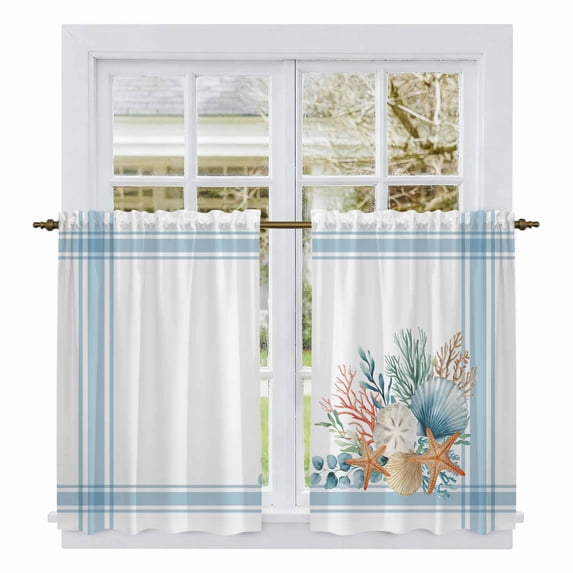 Blue Coastal Kitchen Curtains 45 Inch Length, Nautical Starfish Eucalyptus Leaf Coral Striped Tiers Curtains for Bathroom Bedroom Cafe, Light Filtering Window Treatment Drapes 2 Panels 42"Wx45"L