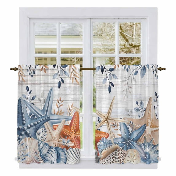 Blue Coastal Kitchen Curtains 45 Inch Length, Summer Beach Starfish Weeping Eucalyptus Wooden Tiers Curtains for Bathroom Bedroom Cafe, Light Filtering Window Treatment Drapes 2 Panels 42"Wx45"L