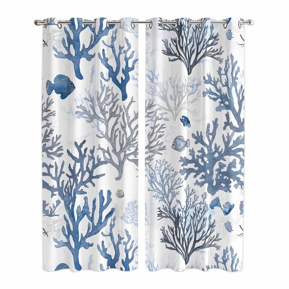 Blue Coastal Kitchen Curtains 96 Inch Length, Summer Nautical Ocean Beach Coral Fish Grommet Top Bedroom Living Room Curtains, Light Filtering Cafe Curtain Drapes 2 Panels Set 104''x96''
