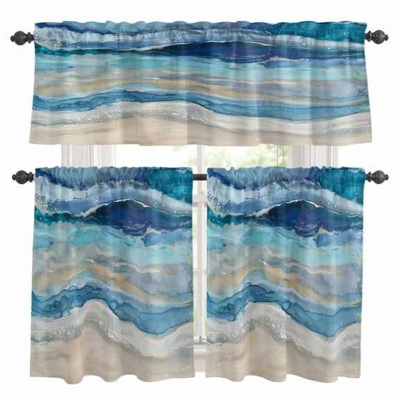 Blue Coastal Kitchen Curtains Sets for Windows 24 Inch Length, Summer Beach Nautical Abstract Art Rod Pocket Window Treatments Tier Curtains and Valances Set for Bedroom/Bathroom