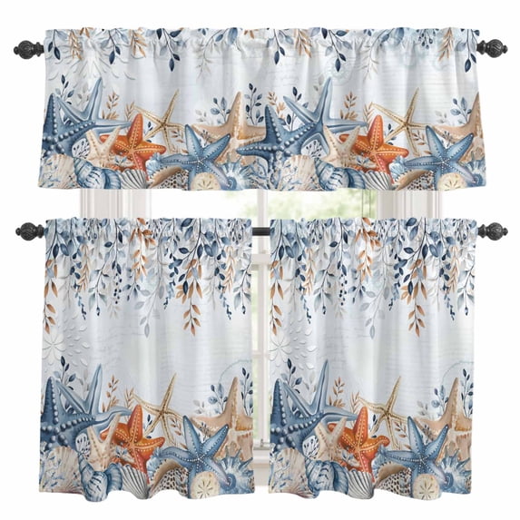 Blue Coastal Kitchen Curtains Sets for Windows 24 Inch Length, Summer Beach Starfish Weeping Eucalyptus Ombre Rod Pocket Window Treatments Tier Curtains and Valances Set for Bedroom/Bathroom