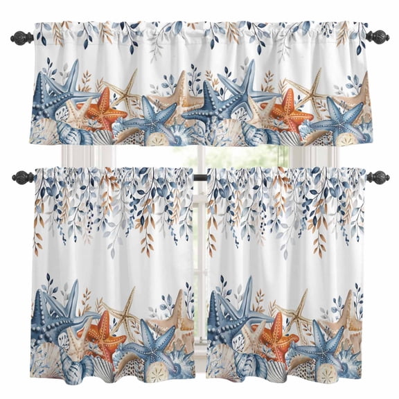 Blue Coastal Kitchen Curtains Sets for Windows 36 Inch Length, Summer Beach Starfish Weeping Eucalyptus Rod Pocket Window Treatments Tier Curtains and Valances Set for Bedroom/Bathroom