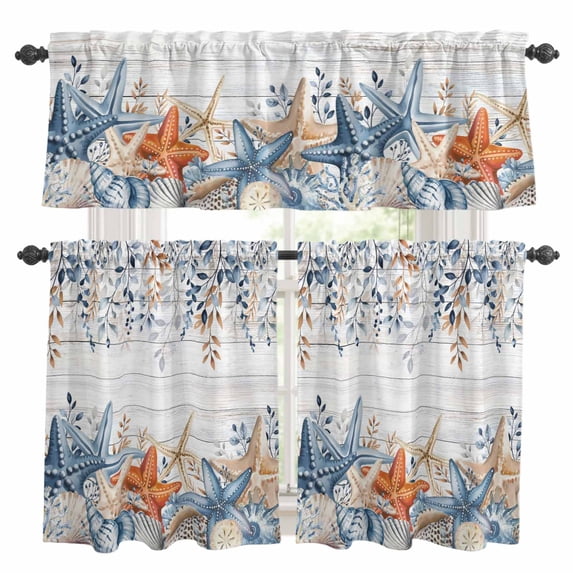 Blue Coastal Kitchen Curtains Sets for Windows 36 Inch Length, Summer Beach Starfish Weeping Eucalyptus Wooden Rod Pocket Window Treatments Tier Curtains and Valances Set for Bedroom/Bathroom