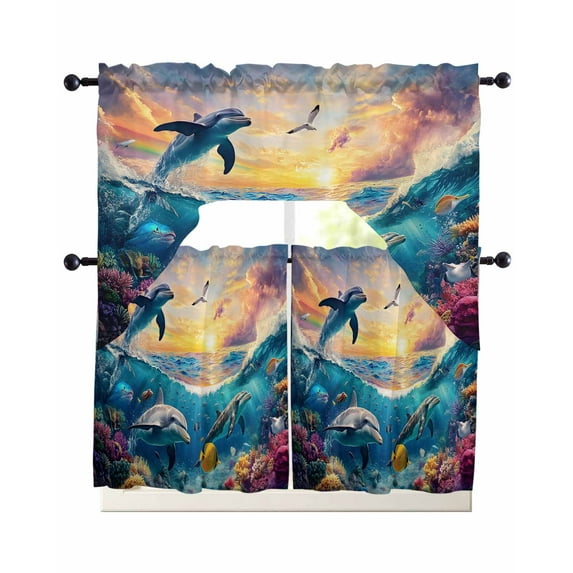 Blue Coastal Kitchen Curtains Swag Valance and Tier Curtains Set 36 Inch Length, Dolphin Summer Beach Nautical Ocean Rod Pocket Drape Panels Pair Swag Curtain for Bathroom/Cafe/Window